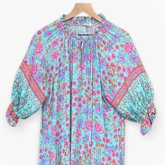 Easel Boho Style Floral Print Oversized Balloon Sleeve Midi Dress Size Small - Picture 2 of 11